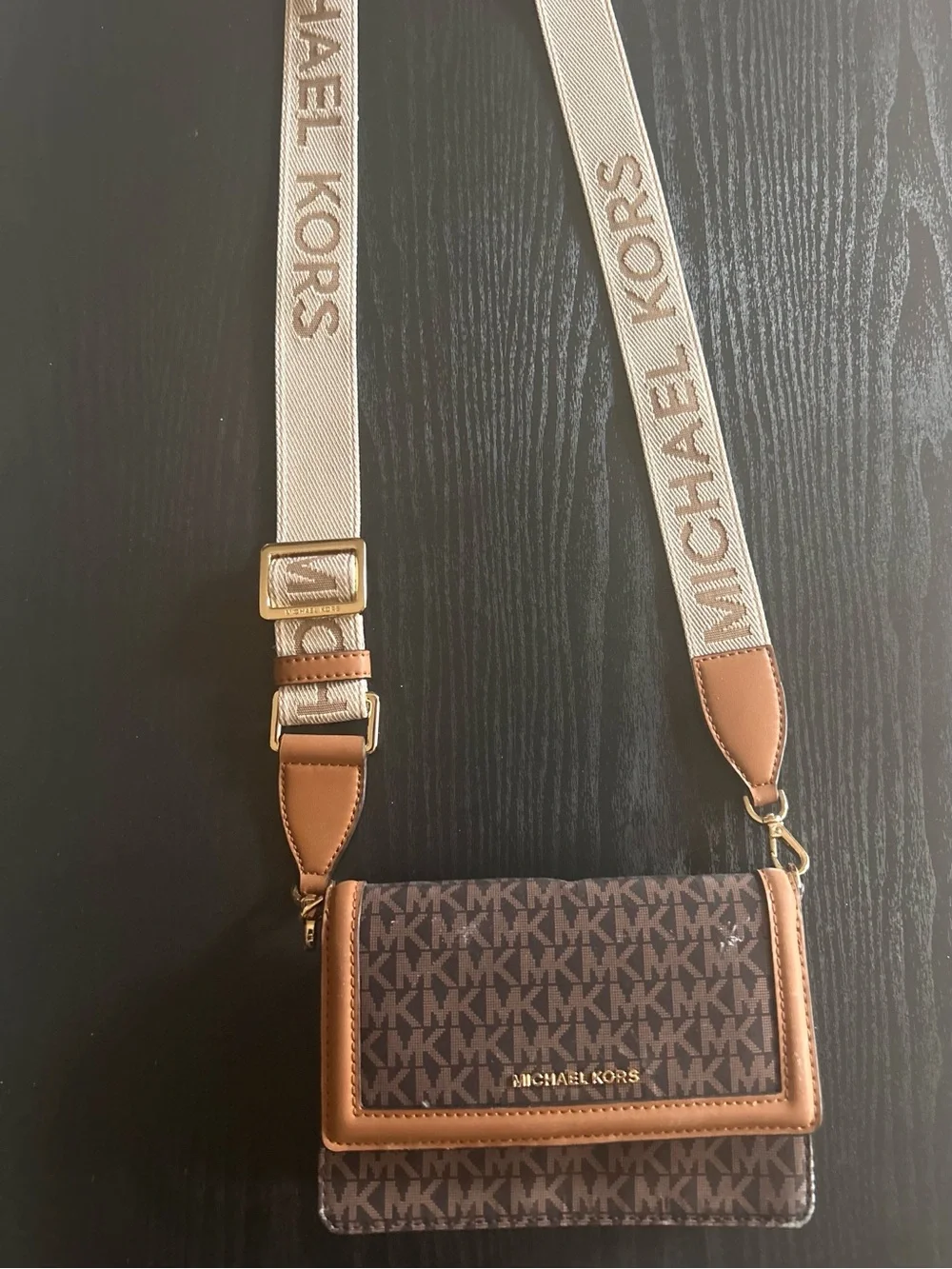 Michael Kors Brown MK Logo Crossbody with Beige Logo Strap